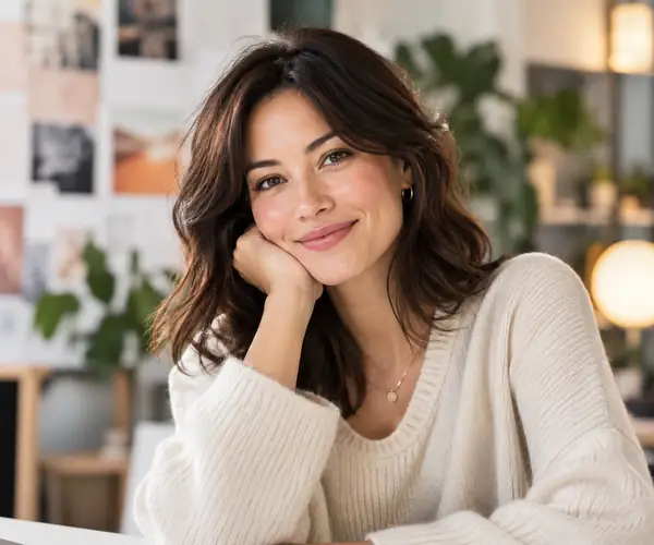 Approachable skincare brand manager in a softly lit editorial headshot.