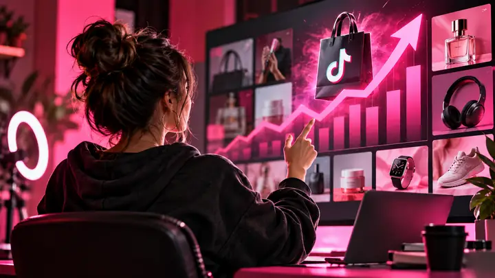 A video creator presenting TikTok Shop analytics in a bold pink and charcoal video thumbnail.