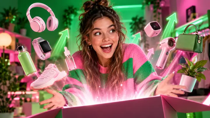 A friendly creator introducing product discovery ideas in an energetic green and pink video thumbnail.